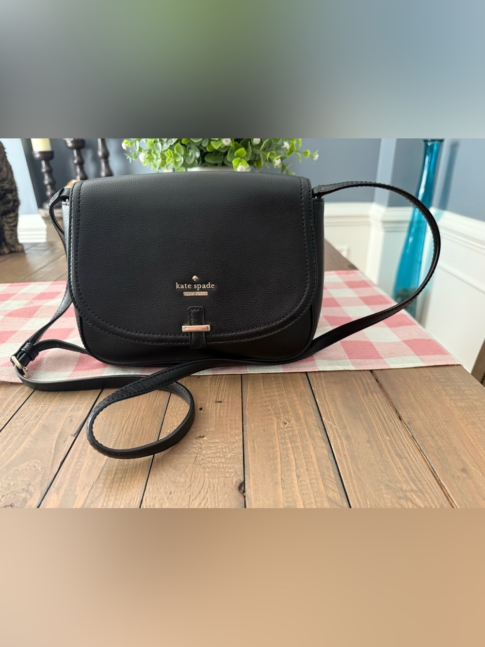 kate spade Black Pebbled Leather Saddle Crossbody with Gold Accent